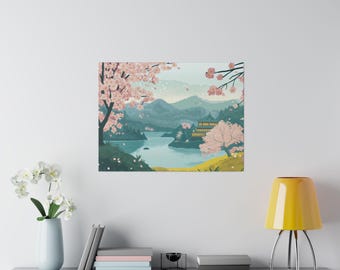 Serene Japanese Cherry Blossom Landscape Matte Canvas Eco-Friendly Framed Art