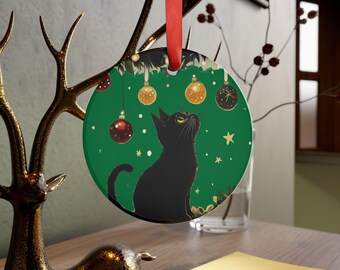 黒猫のクリスマスオーナメント：アクリル製ホリデーデコレーション