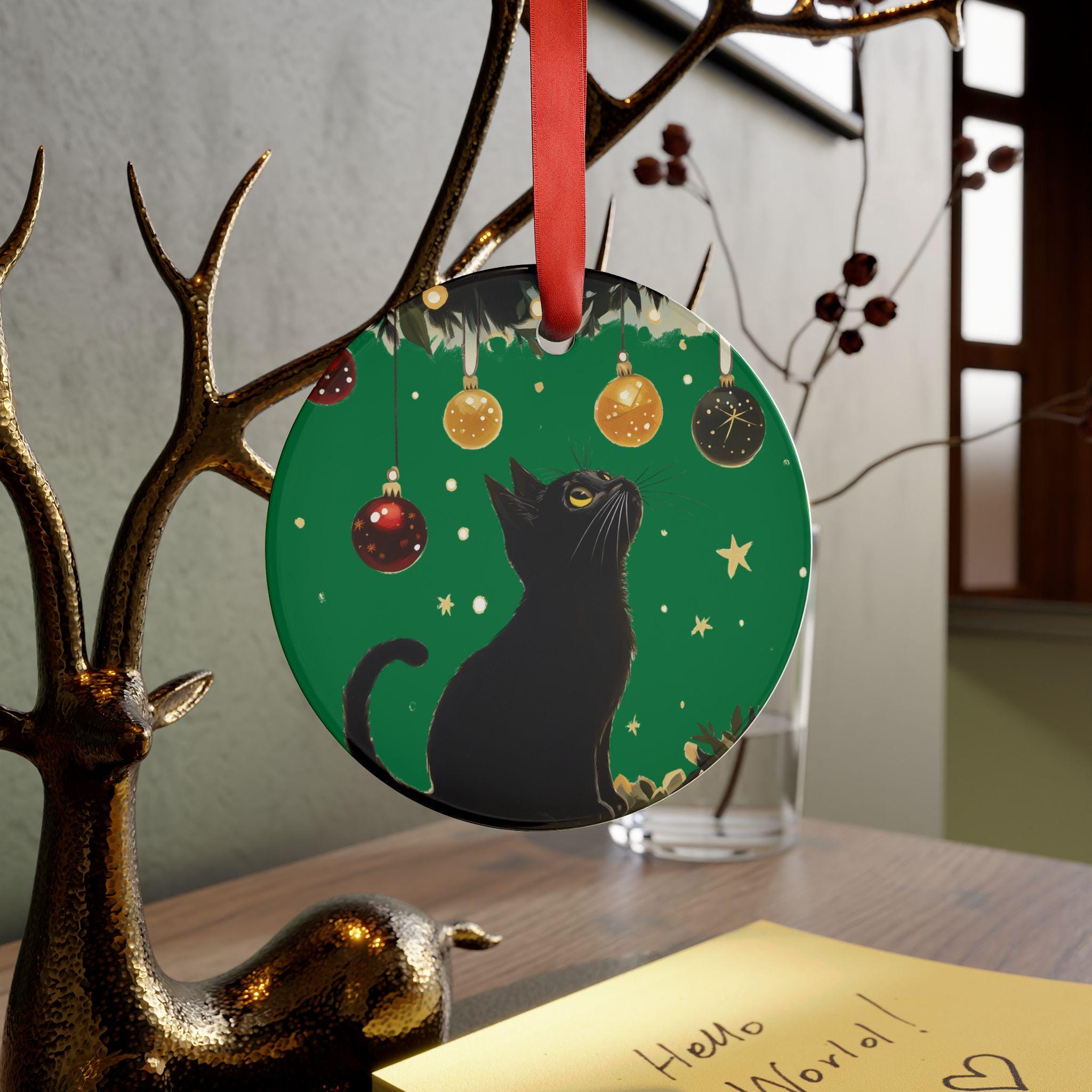 黒猫のクリスマスオーナメント：アクリル製ホリデーデコレーション