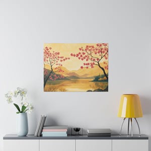 Serene Japanese Cherry Blossom Landscape Matte Canvas Eco-Friendly Framed Art