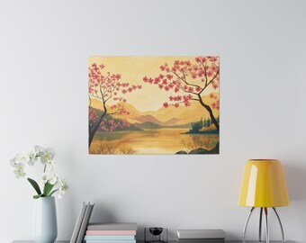 Serene Japanese Cherry Blossom Landscape Matte Canvas Eco-Friendly Framed Art