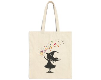 Halloween Cotton Canvas Tote Bag: Colorful Witch Design
