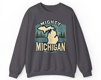 Felpa Mighty Michigan Great Lakes, felpa unisex, maglione girocollo, felpa Lake Life, regalo per gli amanti del Michigan, abbigliamento Great Lakes