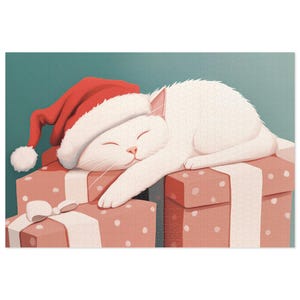 Jigsaw Puzzle - Sleepy Christmas Kitty, Holiday Puzzle, Cat Lover Gift, Christmas Gift, 1000 Piece Puzzle