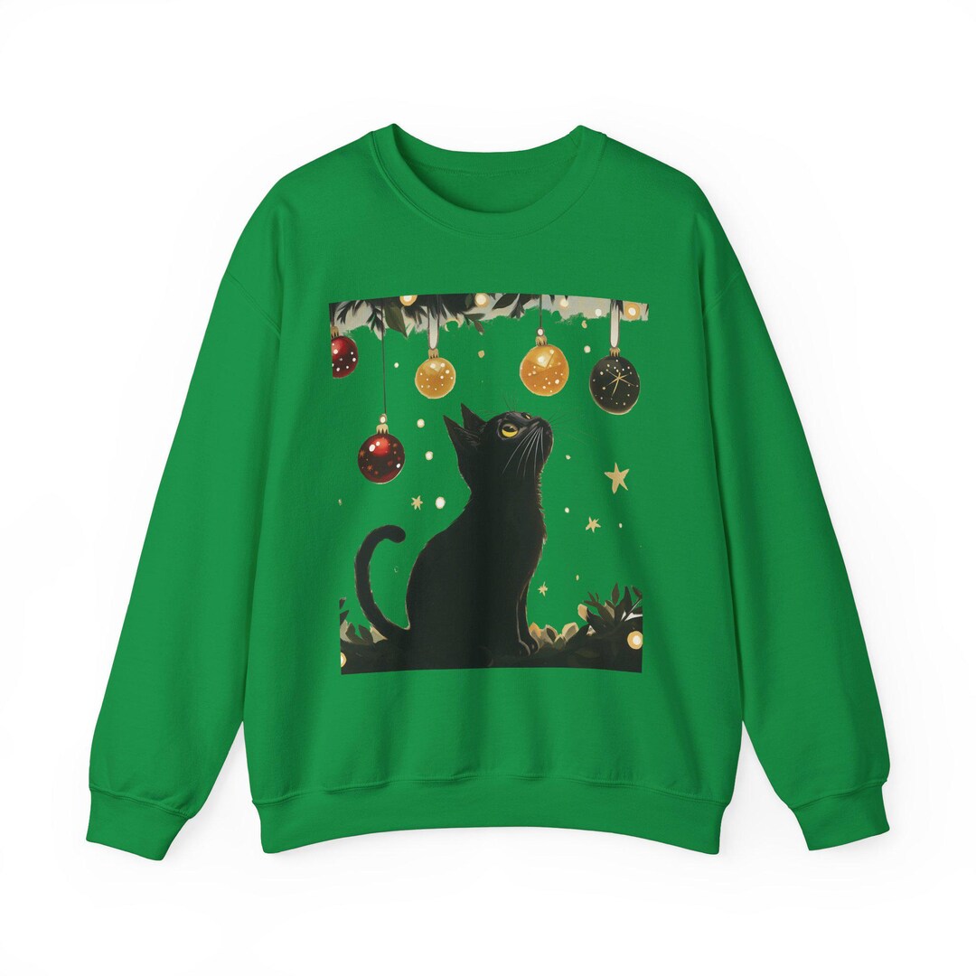Eve BLACK CAT SWEATSHIRT 黒猫スウェット Black Cat Christmas Tree Sweatshirt: Embroidered Holiday Cat Lover