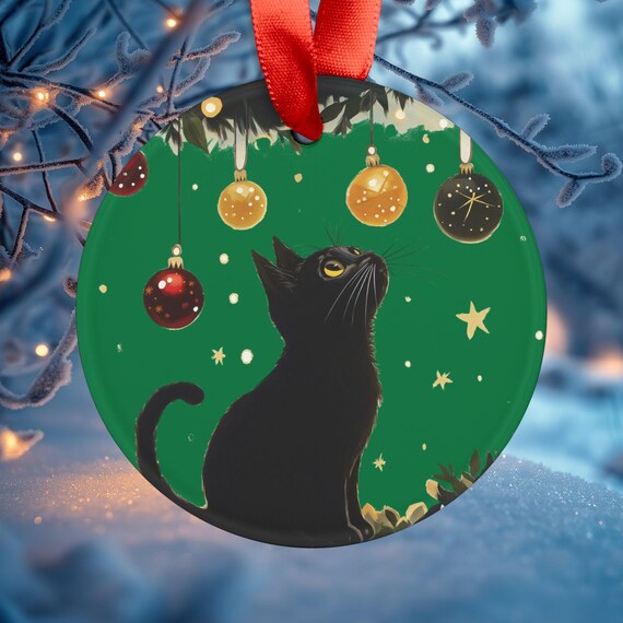 黒猫のクリスマスオーナメント：アクリル製ホリデーデコレーション