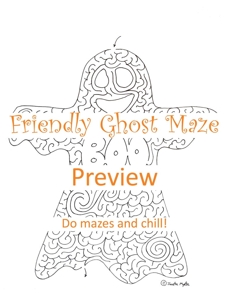 May include: A black and white printable maze in the shape of a friendly ghost. The maze has a title "Friendly Ghost Maze" and the text "Preview" and "Do mazes and chill!" The maze is designed for kids and adults to enjoy.