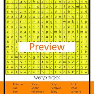 May include: A yellow and orange Halloween word search puzzle with a word bank listing words like "bat", "boo", "candy", "curse", "ghost", "goblin", "halloween", "haunted", "mystery", "party", "pumpkin", "scary", "spiderweb", "spooky", "trick", "treat", "vampire", "werewolf", and "zombie".
