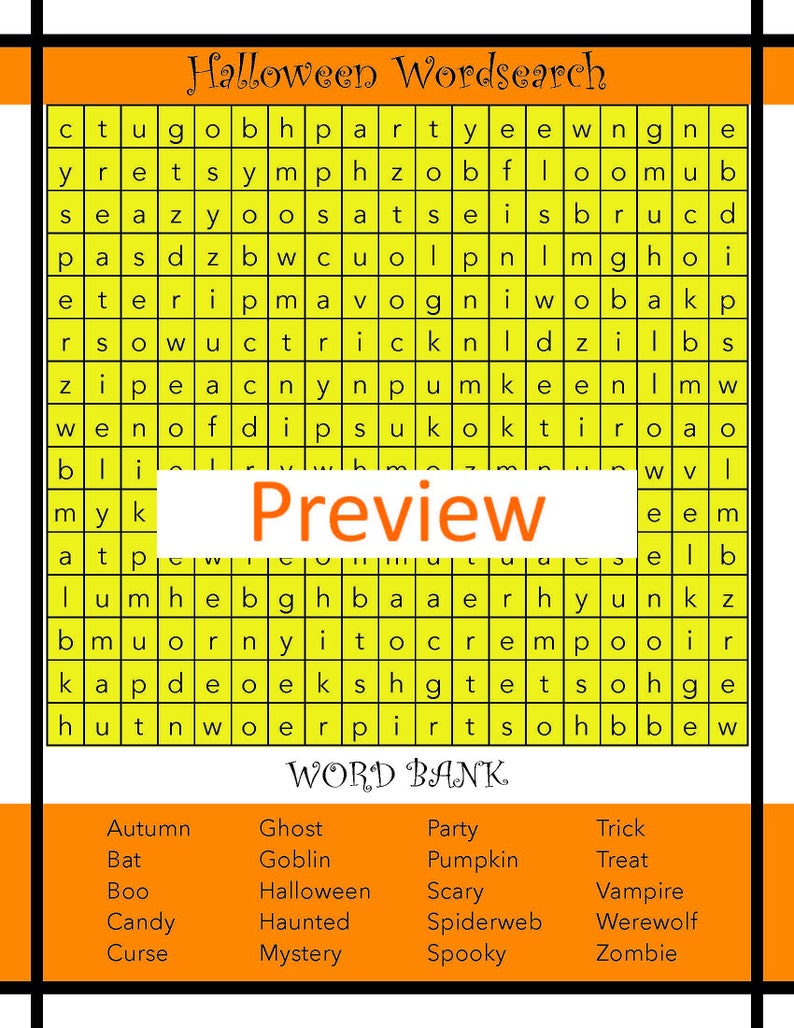 May include: A yellow and orange Halloween word search puzzle with a word bank listing words like "bat", "boo", "candy", "curse", "ghost", "goblin", "halloween", "haunted", "mystery", "party", "pumpkin", "scary", "spiderweb", "spooky", "trick", "treat", "vampire", "werewolf", and "zombie".