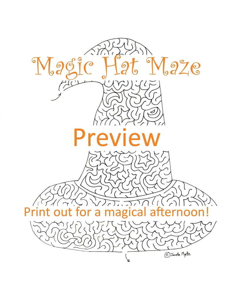 May include: A black and white printable maze in the shape of a witch's hat. The text "Magic Hat Maze" is at the top of the image. The text "Preview" is in the middle of the image. The text "Print out for a magical afternoon!" is at the bottom of the image.