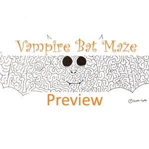 May include: A black and white printable maze in the shape of a bat with the text "Vampire Bat Maze" above the maze and the word "Preview" below the maze.