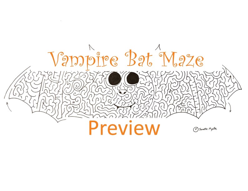 May include: A black and white printable maze in the shape of a bat with the text "Vampire Bat Maze" above the maze and the word "Preview" below the maze.