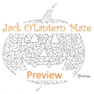 May include: A black and white printable Jack O'Lantern maze with a preview of the maze. The text "Jack O'Lantern Maze" is at the top of the image and the text "Preview" is at the bottom of the image.