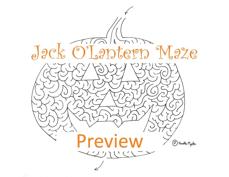 May include: A black and white printable Jack O'Lantern maze with a preview of the maze. The text "Jack O'Lantern Maze" is at the top of the image and the text "Preview" is at the bottom of the image.