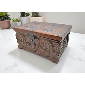 Antique Wooden Storage Chest Box Original Old Fine Hand Carved Metal Fitted