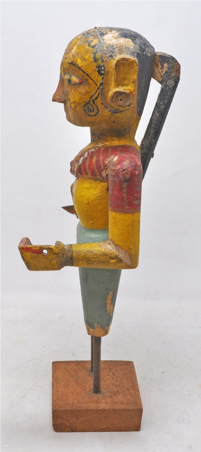 Antique Wooden Goddess Gangaur Figurine Original Old Hand Carved Painted