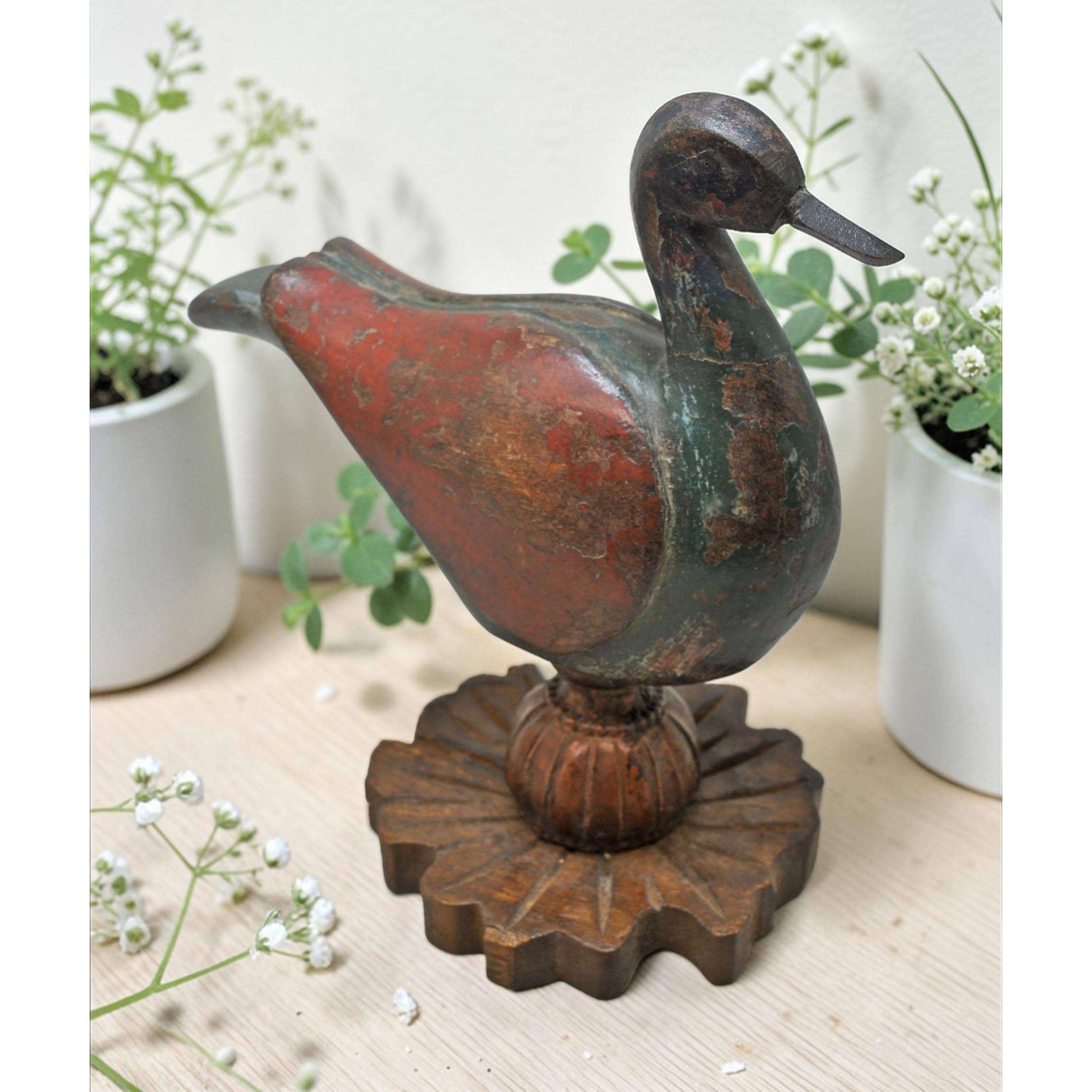 ヴィンテージ木製鳥アヒルの置物オリジナル古い精巧な手彫りペイント