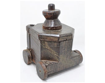 Antique Wooden Kitchenware Spice Salt Container Box on Wheels Original Old Hand Carved