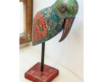 Vintage Wooden Bird Figurine on Stand Original Old Hand Carved Painted