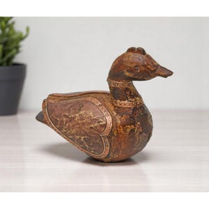 Vintage Wooden Duck Bird Figurine Original Old Hand Carved Copper Fitted