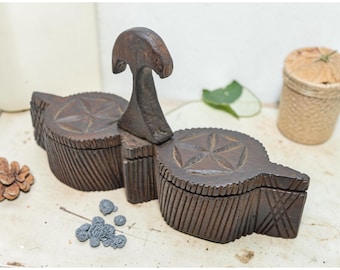 Antique Wooden Kitchenware Spice Box Original Old Hand Carved