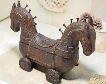 Vintage Wooden Horse on Wheels Figurine Spice Box Original Old Fine Hand Carved