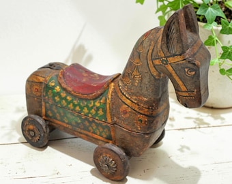 Vintage Wooden Horse on Wheels Figurine Spice Box Original Old Fine Hand Carved