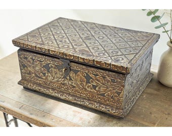 Antique Wooden Storage Chest Box Original Old Very Fine Brass Fitted