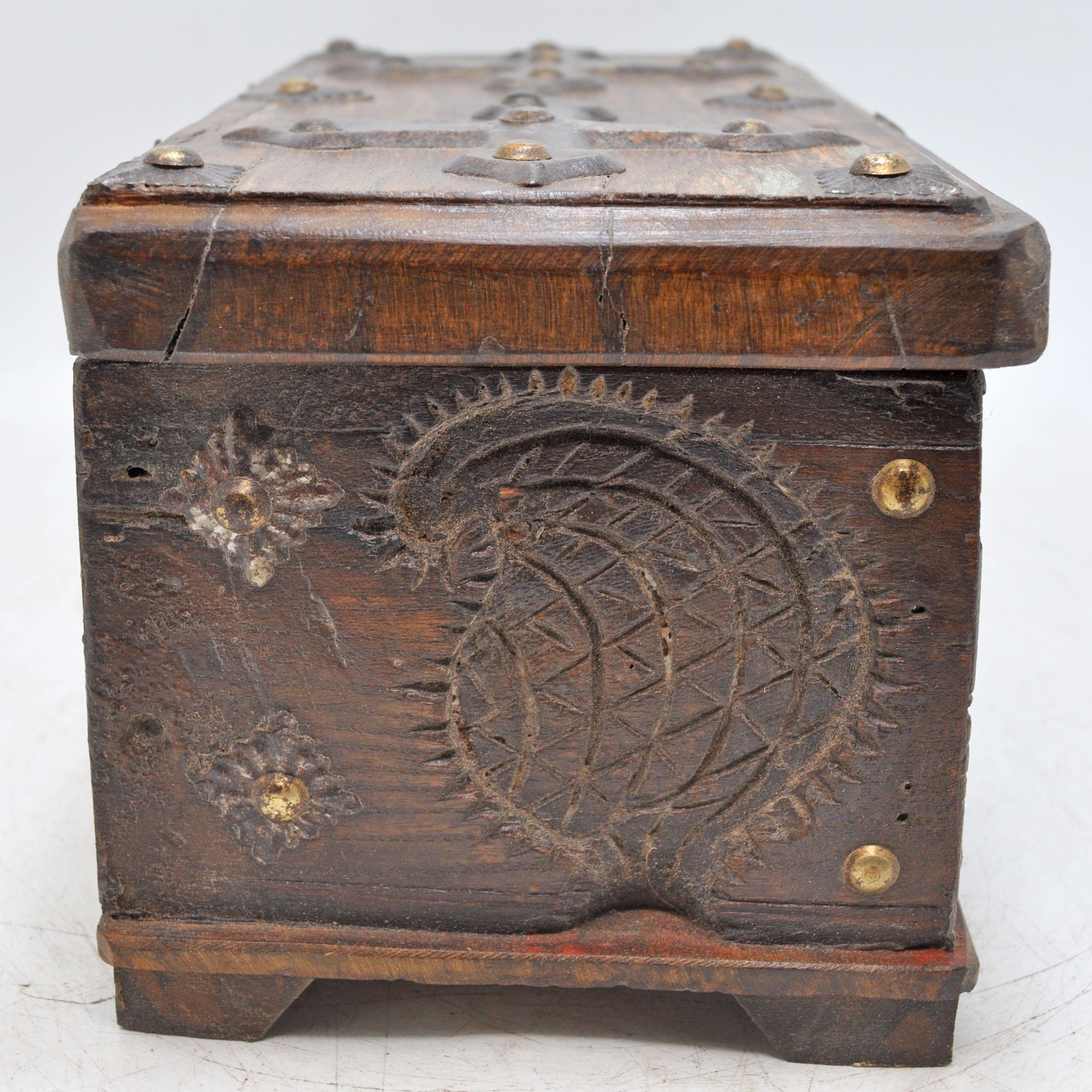 Antique Wooden Storage Chest Box Original Old Fine Hand Carved Metal ...