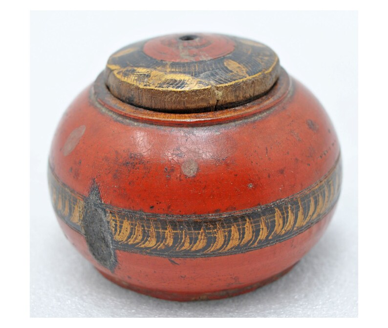 Antique Wooden Kum Kum Powder Tika Box Original Old Hand Carved Lacquered