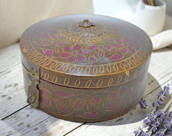 Antique Wooden Round Box Original Old Hand Crafted Very Fine Lacquer Painted