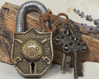 Antique Brass Pad Lock Original Old Hand Crafted Very Fine Engraved