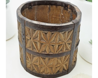 Vintage Wooden Grain Measurement Paili Pot Original Old Fine Hand Carved