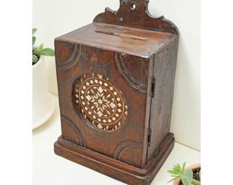 Antique Wooden Money Coin Bank Box Original Old Hand Crafted