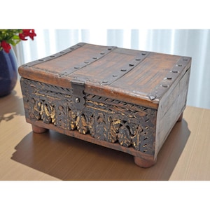 Antique Wooden Large Storage Treaure Chest Box Original Old Fine Hand Carved