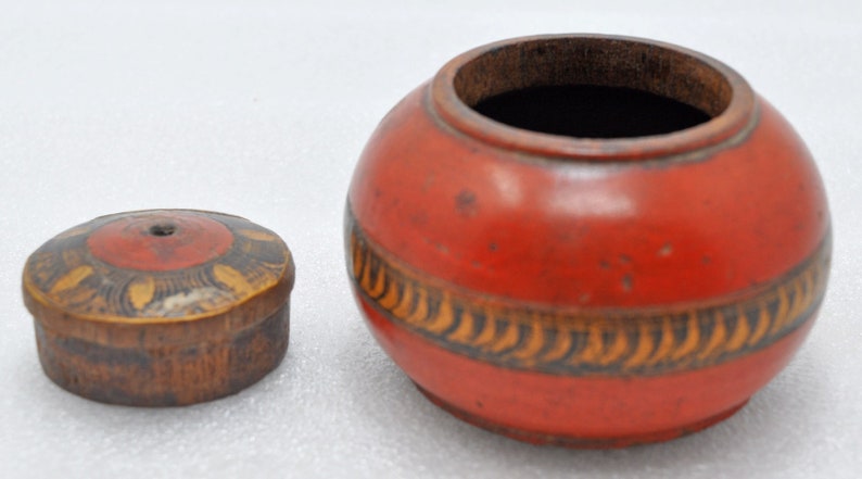Antique Wooden Kum Kum Powder Tika Box Original Old Hand Carved Lacquered