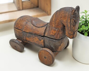 Antique Wooden Horse on Wheels Figurine Spice Box Original Old Fine Hand Carved