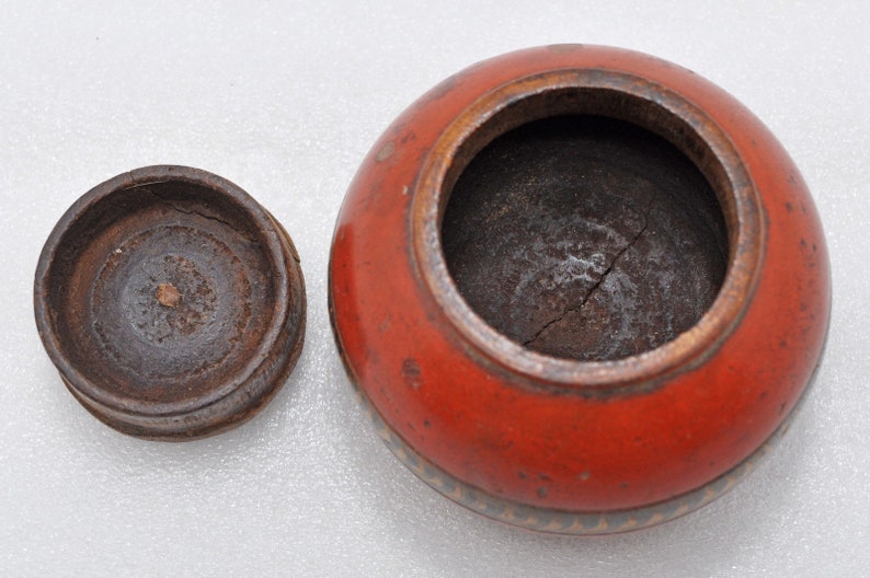 Antique Wooden Kum Kum Powder Tika Box Original Old Hand Carved Lacquered