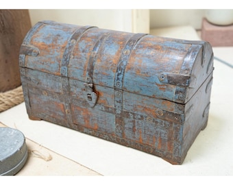 Vintage Wooden Half Round Storage Box Original Old Hand Crafted Rustic Blue