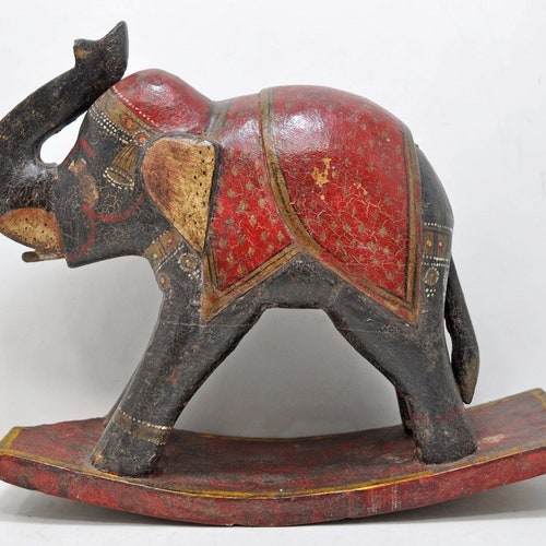 Hand Carved Hard Wood Rocking Elephant Figurine Hand shops Painted Black