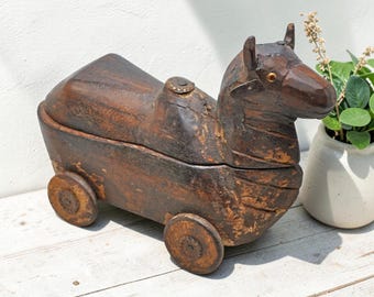 Antique Wooden Cow on Wheels Figurine Spice Box Original Old Fine Hand Carved