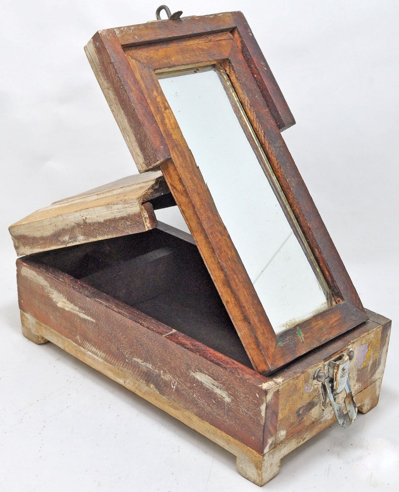 Reclaimed Salvage Wooden Vanity Box With Mirror Hand Crafted Original Colors image 7