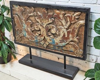 Antique Wooden Floral Carving Panel Plaque Original Old Fine Carved Polychrome