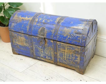 Vintage Wooden Half Round Storage Box Original Old Hand Crafted Rustic Blue