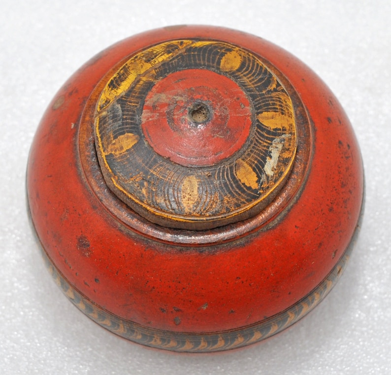 Antique Wooden Kum Kum Powder Tika Box Original Old Hand Carved Lacquered