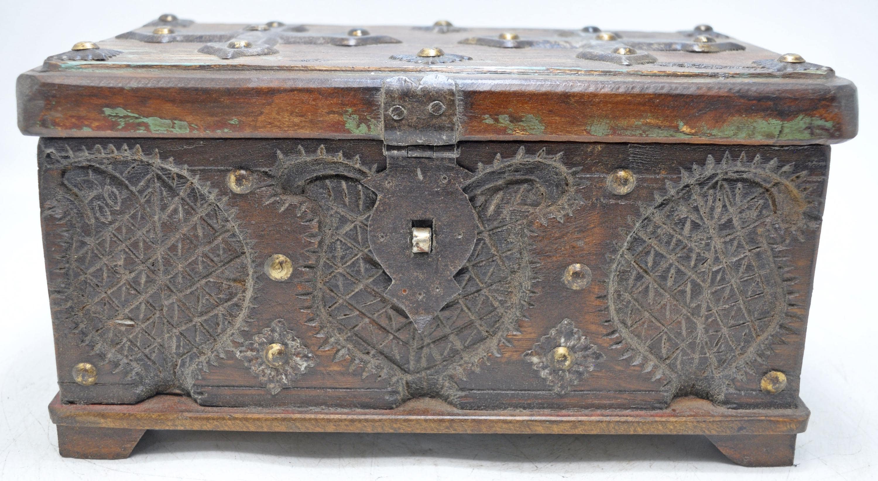 Antique Wooden Storage Chest Box Original Old Fine Hand Carved Metal ...