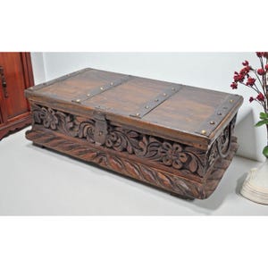 Antique Wooden Treasure Chest Box Original Old Hand Carved Metal Fitted