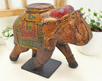 Vintage Wooden Elephant Figurine Original Old Hand Carved Fine Painted