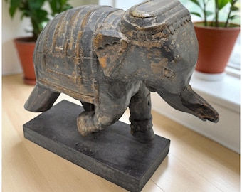Vintage Wooden Elephant Figurine Original Old Hand Carved