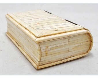 Vintage Wooden Bone Fitted Book Shaped Jewellery Box Original Old Hand Crafted